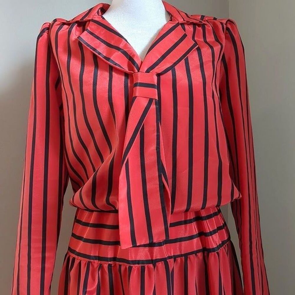 Vintage 70s Cora's Closet Midi Dress Red Stripe Secretary Size Petite Medium - Picture 9 of 11